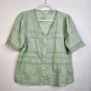 Anthropologie Green Embroidered Blouse